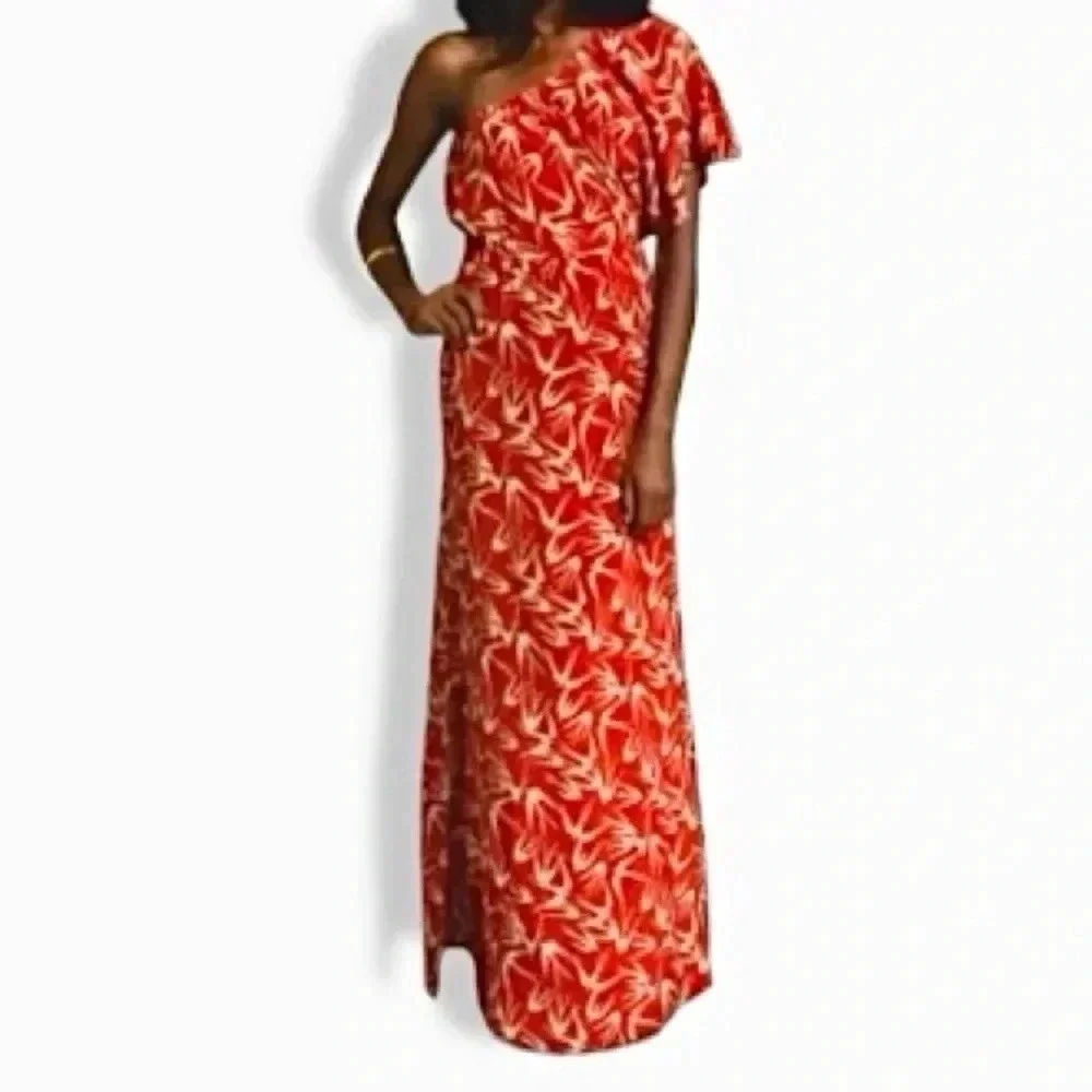 Blu Moon Red One Shoulder Flutter Sleeve Bird Print Maxi Dress Elastic Waist S/M